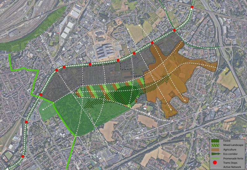 Schéma de principe (indicatif) : un paysage mixte avec au moins 20 ha de forêt comme lien entre les cimetières et Woluweveld, corridor écologique et réseau pour la mobilité active.