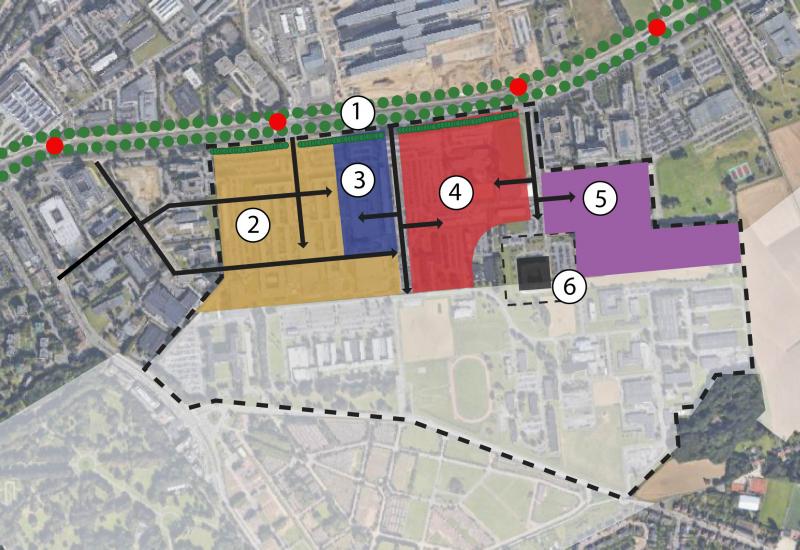 Deelzones stedelijke ontwikkeling: 1.Park Lane, 2.Stadswijk, 3.Europese school, 4.HK Defensie, 5.Economische zone, 6.Partnership for peace 